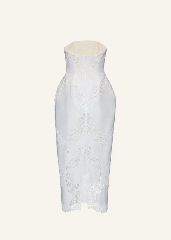 Shop Magda Butrym Dresses Strapless Hourglass Lace Corset Midi Dress In White Shop Magda Butrym Dresses Strapless Hourglass Lace Corset Midi Dress In White
