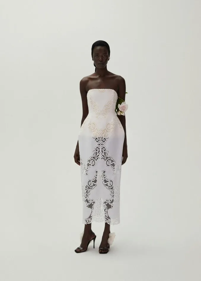 Shop Magda Butrym Dresses Strapless Hourglass Lace Corset Midi Dress In White Shop Magda Butrym Dresses Strapless Hourglass Lace Corset Midi Dress In White