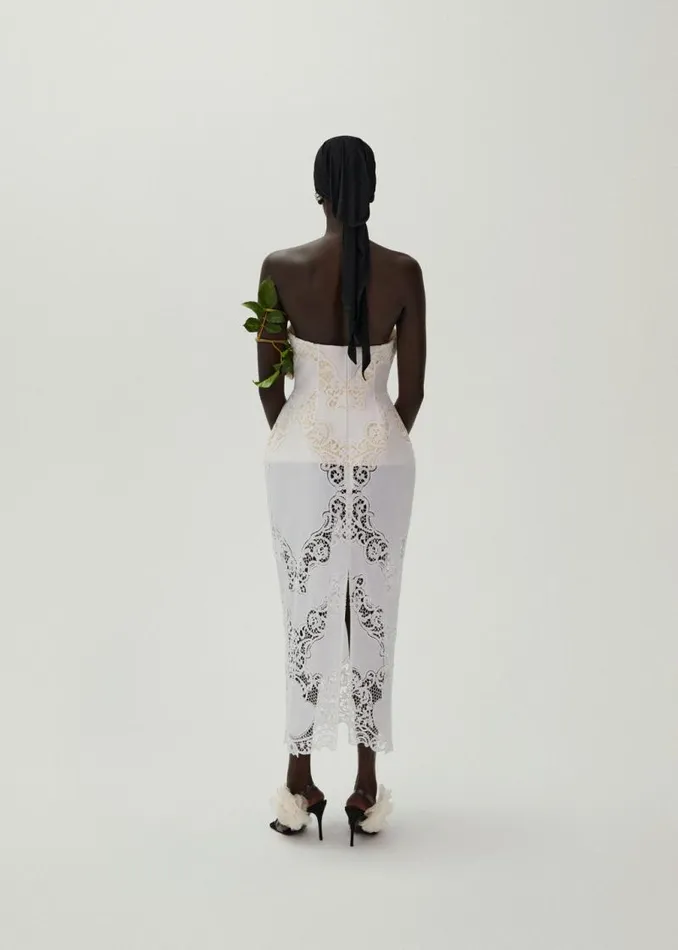 Shop Magda Butrym Dresses Strapless Hourglass Lace Corset Midi Dress In White Shop Magda Butrym Dresses Strapless Hourglass Lace Corset Midi Dress In White