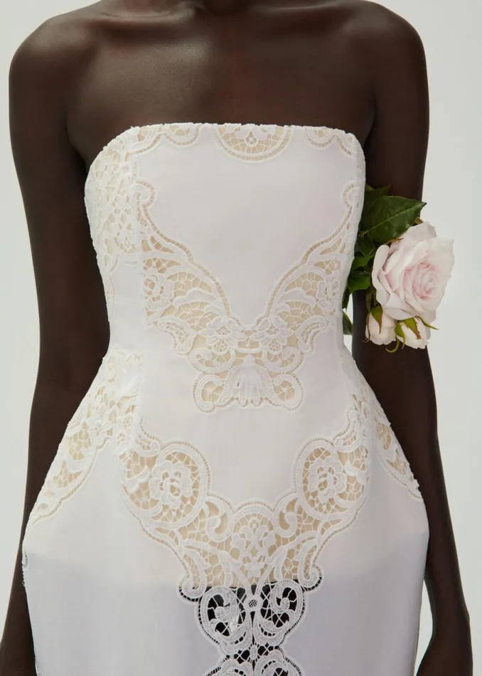 Shop Magda Butrym Dresses Strapless Hourglass Lace Corset Midi Dress In White Shop Magda Butrym Dresses Strapless Hourglass Lace Corset Midi Dress In White