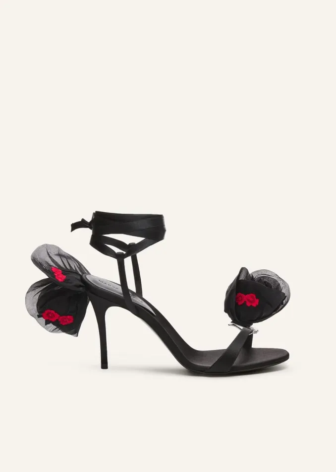 Shop Magda Butrym Shoes Double Embroidery Flower Heel Sandals In Black Satin