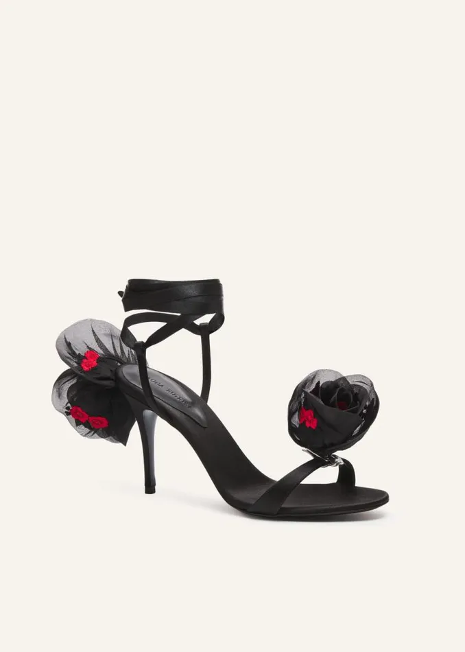 Shop Magda Butrym Shoes Double Embroidery Flower Heel Sandals In Black Satin Shop Magda Butrym Shoes Double Embroidery Flower Heel Sandals In Black Satin