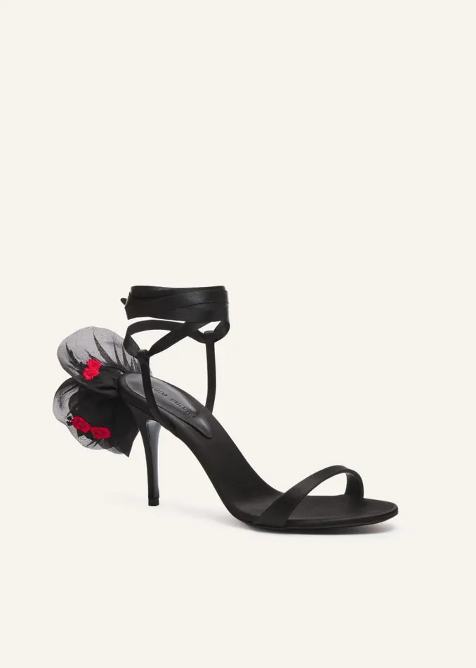 Shop Magda Butrym Shoes Double Embroidery Flower Heel Sandals In Black Satin Shop Magda Butrym Shoes Double Embroidery Flower Heel Sandals In Black Satin