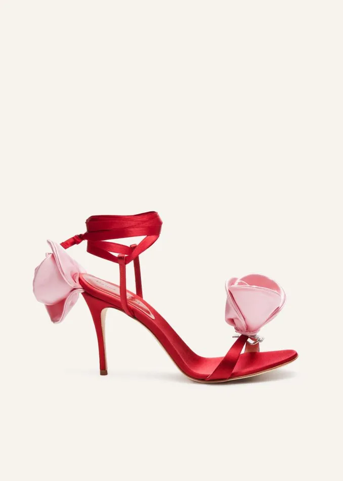 Shop Magda Butrym Shoes Double Pink Flower Heel Sandals In Red Satin