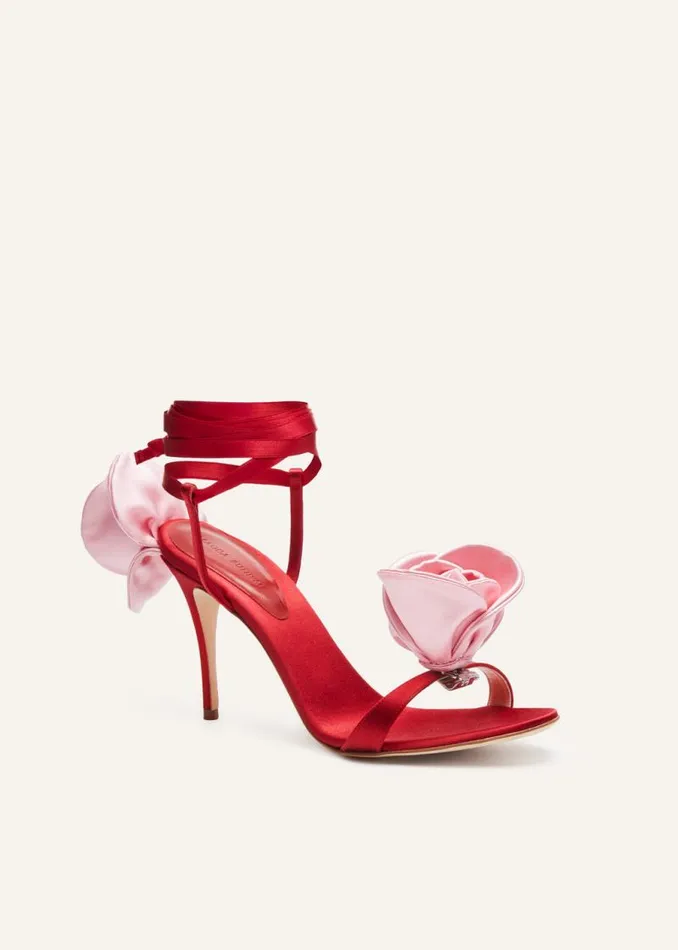 Shop Magda Butrym Shoes Double Pink Flower Heel Sandals In Red Satin Shop Magda Butrym Shoes Double Pink Flower Heel Sandals In Red Satin