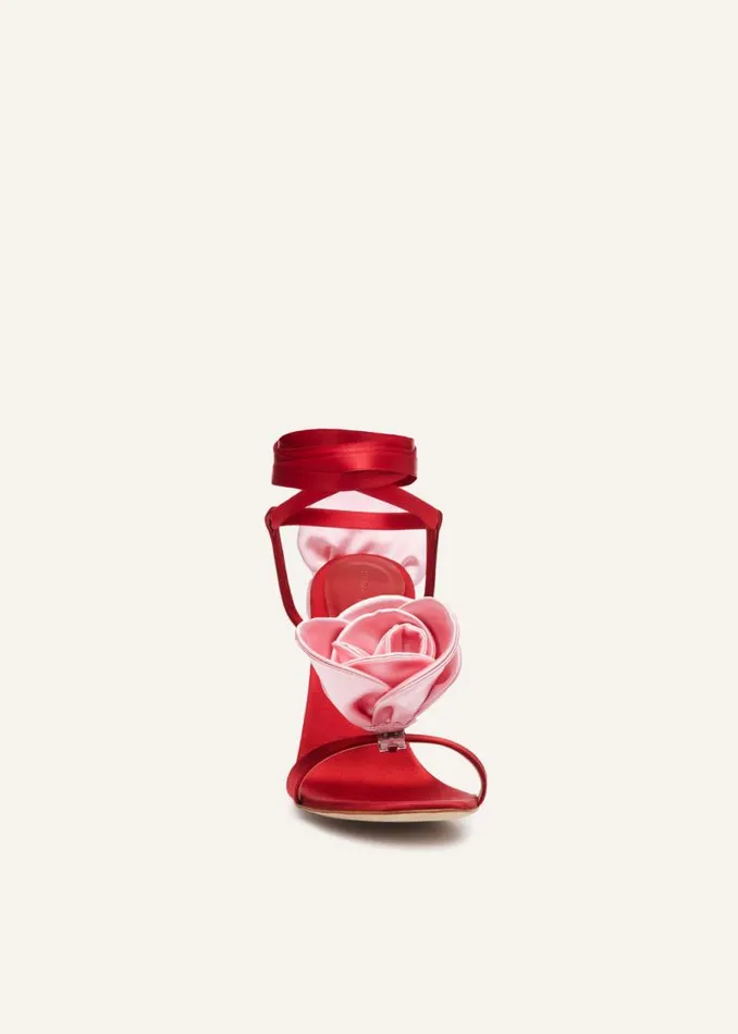 Shop Magda Butrym Shoes Double Pink Flower Heel Sandals In Red Satin Shop Magda Butrym Shoes Double Pink Flower Heel Sandals In Red Satin