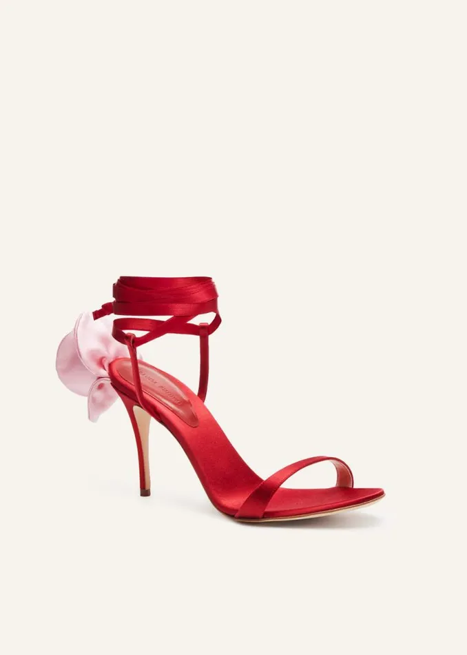 Shop Magda Butrym Shoes Double Pink Flower Heel Sandals In Red Satin Shop Magda Butrym Shoes Double Pink Flower Heel Sandals In Red Satin