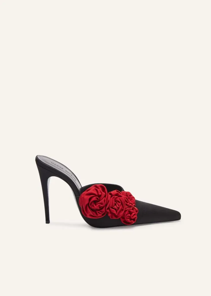 Shop Magda Butrym Shoes Red Flower Appliqu Pointed Mules In Black Satin
