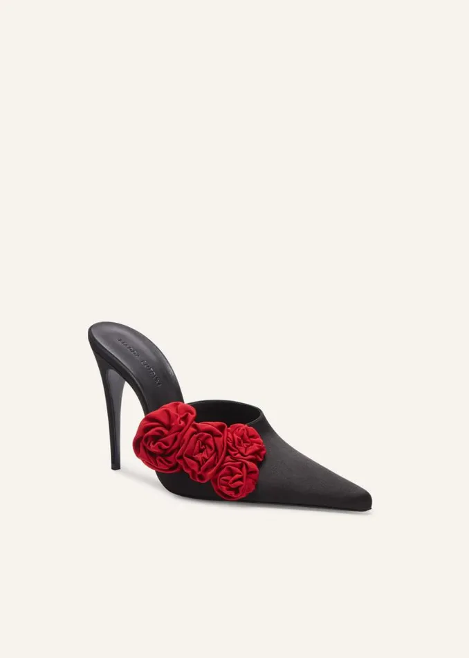 Shop Magda Butrym Shoes Red Flower Appliqu Pointed Mules In Black Satin Shop Magda Butrym Shoes Red Flower Appliqu Pointed Mules In Black Satin