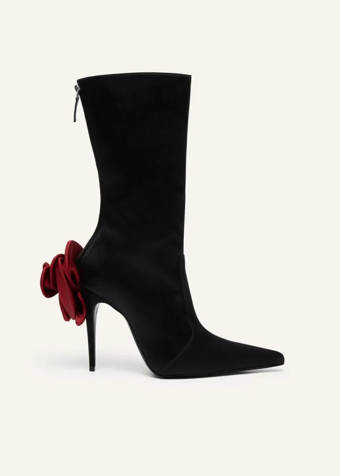 Shop Magda Butrym Shoes Red Flower Sharp Pointed Calf Boots In Satin