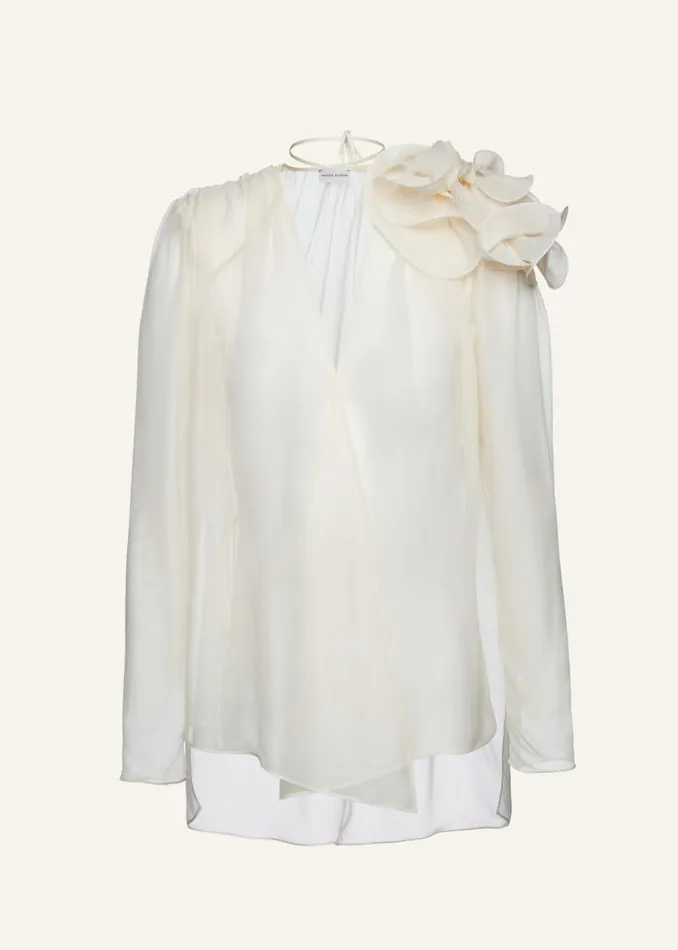 Shop Magda Butrym Tops Classic Silk Flower Blouse In Cream