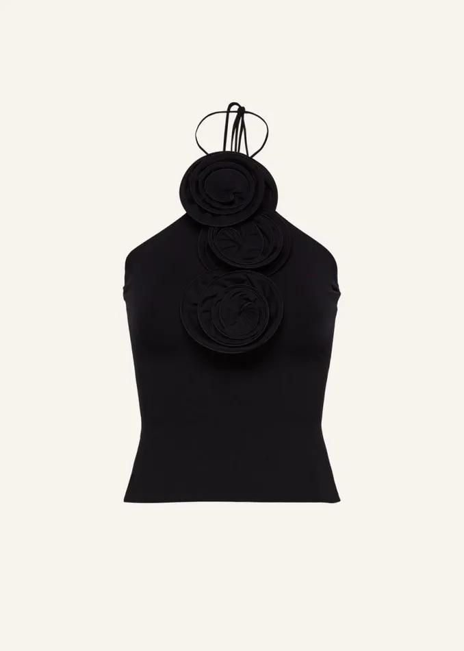 Shop Magda Butrym Tops Floral Appliqu Jersey Tie Neck Top In Black