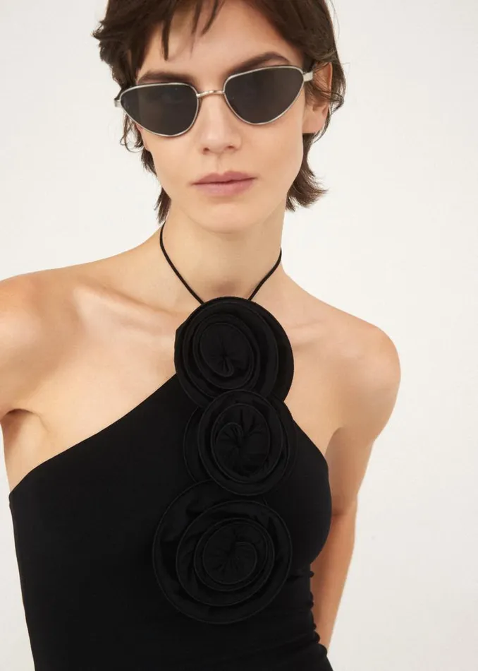 Shop Magda Butrym Tops Floral Appliqu Jersey Tie Neck Top In Black Shop Magda Butrym Tops Floral Appliqu Jersey Tie Neck Top In Black