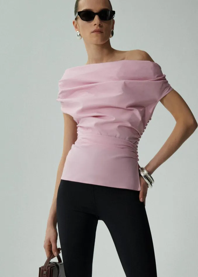 Shop Magda Butrym Tops Off Shoulder Draped Top In Pink Shop Magda Butrym Tops Off Shoulder Draped Top In Pink