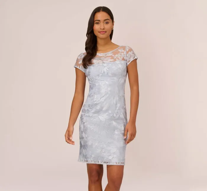 Short Dresses Womens Adrianna Papell Floral Embroidered Sheath Dress With Short Sleeves In Blue Breeze Short Dresses Womens Adrianna Papell Floral Embroidered Sheath Dress With Short Sleeves In Blue Breeze