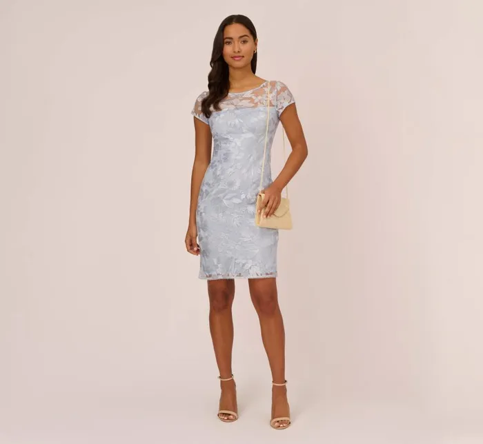 Short Dresses Womens Adrianna Papell Floral Embroidered Sheath Dress With Short Sleeves In Blue Breeze