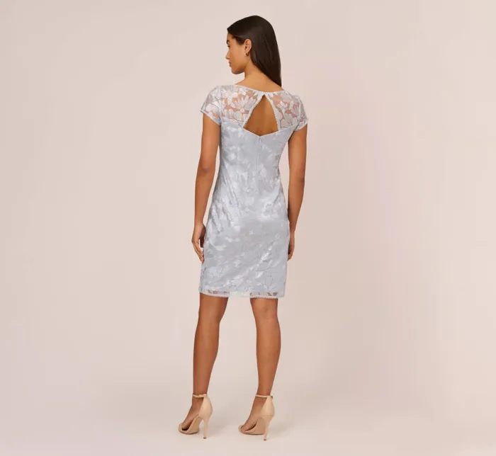 Short Dresses Womens Adrianna Papell Floral Embroidered Sheath Dress With Short Sleeves In Blue Breeze