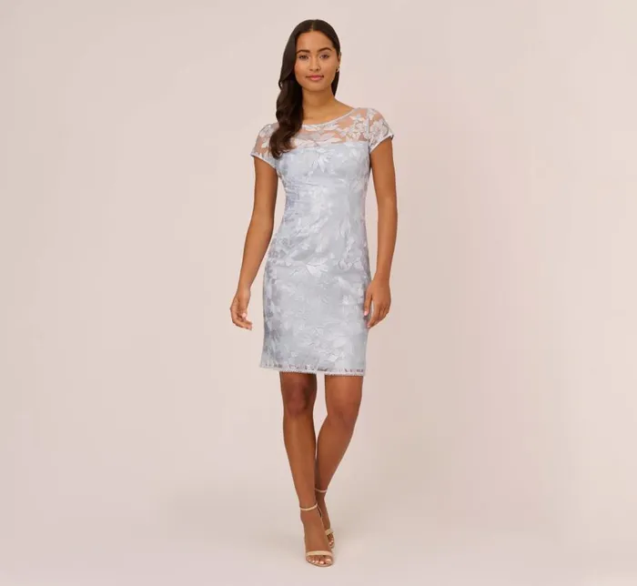 Short Dresses Womens Adrianna Papell Floral Embroidered Sheath Dress With Short Sleeves In Blue Breeze