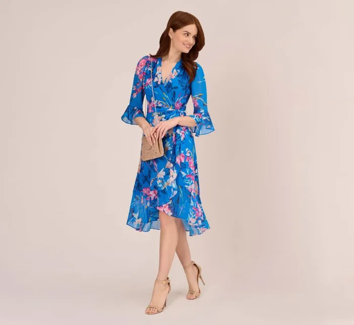 Short Dresses Womens Adrianna Papell FloralPrint Chiffon Short Wrap Dress In Blue Multi