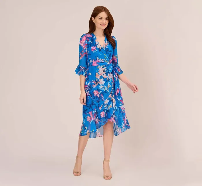 Short Dresses Womens Adrianna Papell FloralPrint Chiffon Short Wrap Dress In Blue Multi