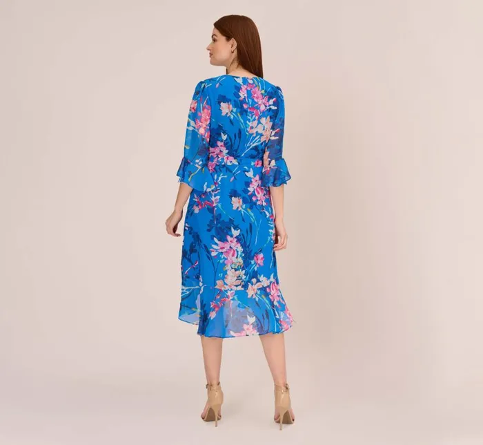 Short Dresses Womens Adrianna Papell FloralPrint Chiffon Short Wrap Dress In Blue Multi