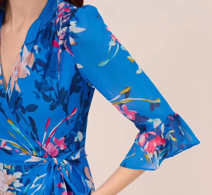 Short Dresses Womens Adrianna Papell FloralPrint Chiffon Short Wrap Dress In Blue Multi