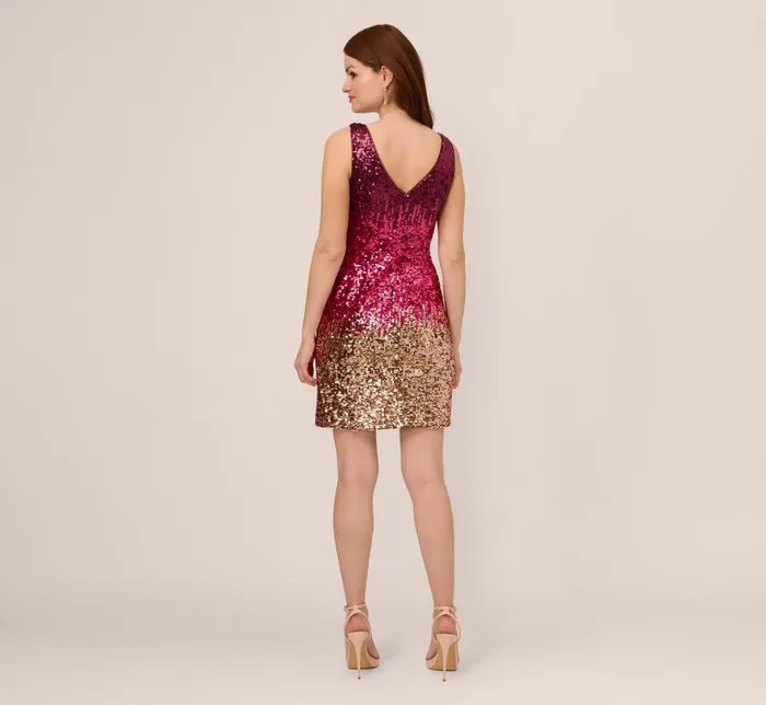Short Dresses Womens Adrianna Papell Ombre Sequin Sleeveless Sheath Dress With VBack In Cassis