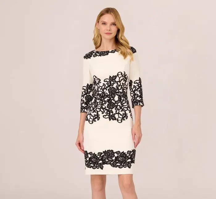Short Dresses Womens Adrianna Papell Scroll Lace Midi Dress With Three Quarter Sleeves In Ivory Black Short Dresses Womens Adrianna Papell Scroll Lace Midi Dress With Three Quarter Sleeves In Ivory Black