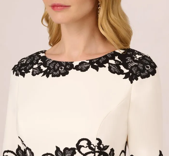 Short Dresses Womens Adrianna Papell Scroll Lace Midi Dress With Three Quarter Sleeves In Ivory Black