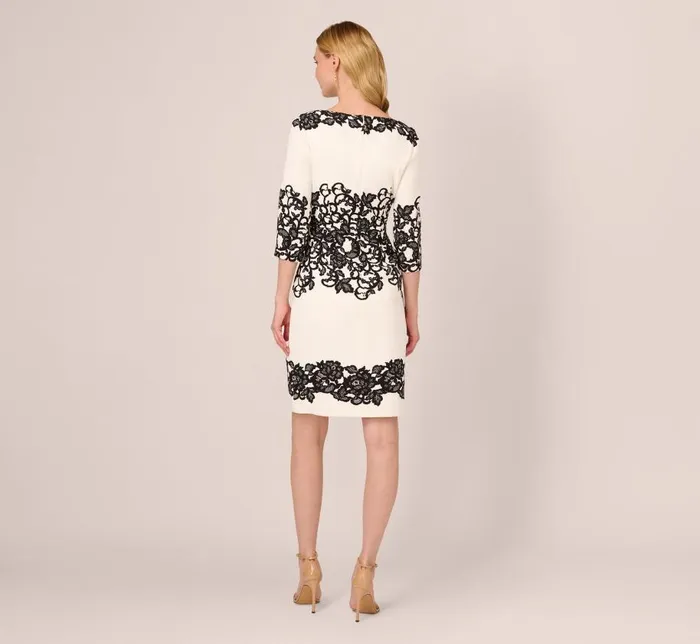 Short Dresses Womens Adrianna Papell Scroll Lace Midi Dress With Three Quarter Sleeves In Ivory Black