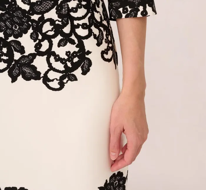 Short Dresses Womens Adrianna Papell Scroll Lace Midi Dress With Three Quarter Sleeves In Ivory Black