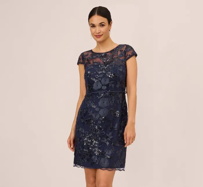 Short Dresses Womens Adrianna Papell Sequin Floral Short Sleeve Dress With Popover In Navy Short Dresses Womens Adrianna Papell Sequin Floral Short Sleeve Dress With Popover In Navy