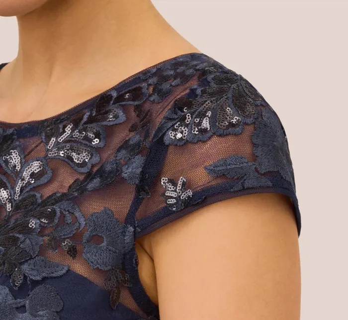 Short Dresses Womens Adrianna Papell Sequin Floral Short Sleeve Dress With Popover In Navy
