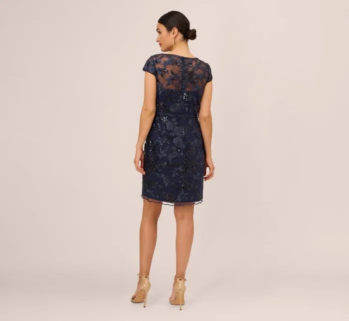 Short Dresses Womens Adrianna Papell Sequin Floral Short Sleeve Dress With Popover In Navy