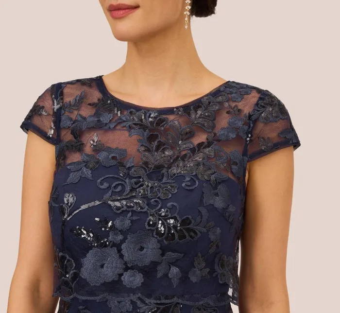 Short Dresses Womens Adrianna Papell Sequin Floral Short Sleeve Dress With Popover In Navy
