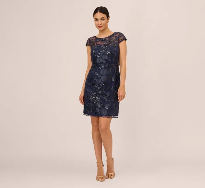 Short Dresses Womens Adrianna Papell Sequin Floral Short Sleeve Dress With Popover In Navy