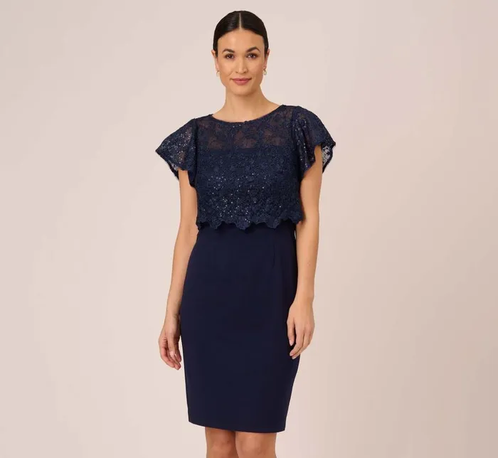 Short Dresses Womens Adrianna Papell Sequined Guipure Lace Popover Stretch Knit Crepe Short Sheath Dress In Navy