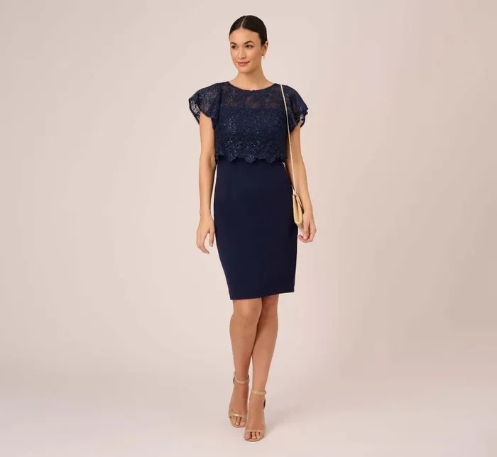 Short Dresses Womens Adrianna Papell Sequined Guipure Lace Popover Stretch Knit Crepe Short Sheath Dress In Navy