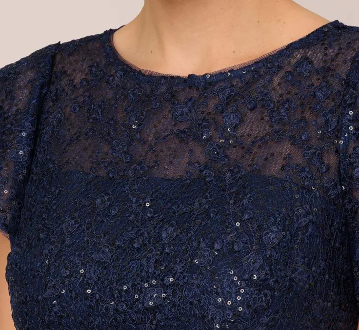 Short Dresses Womens Adrianna Papell Sequined Guipure Lace Popover Stretch Knit Crepe Short Sheath Dress In Navy
