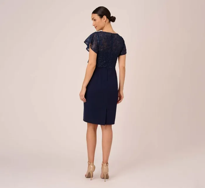 Short Dresses Womens Adrianna Papell Sequined Guipure Lace Popover Stretch Knit Crepe Short Sheath Dress In Navy