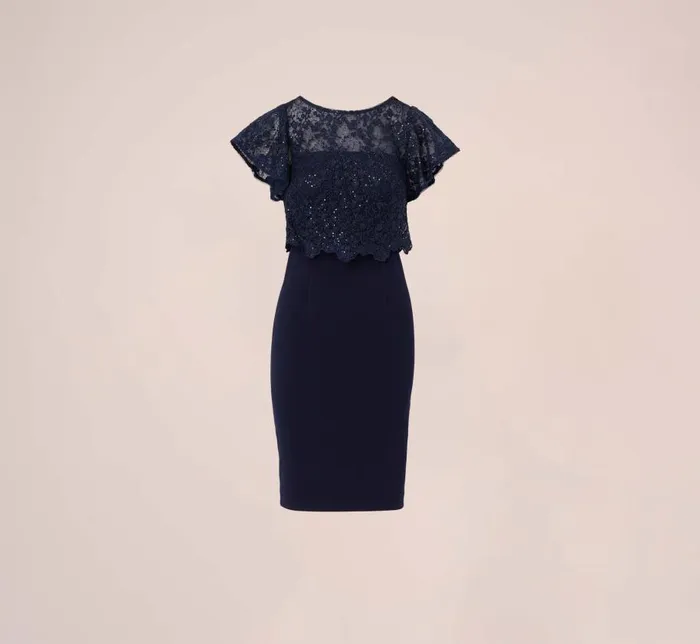 Short Dresses Womens Adrianna Papell Sequined Guipure Lace Popover Stretch Knit Crepe Short Sheath Dress In Navy