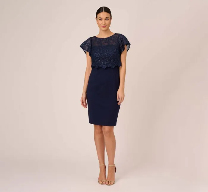 Short Dresses Womens Adrianna Papell Sequined Guipure Lace Popover Stretch Knit Crepe Short Sheath Dress In Navy