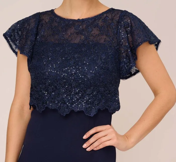 Short Dresses Womens Adrianna Papell Sequined Guipure Lace Popover Stretch Knit Crepe Short Sheath Dress In Navy
