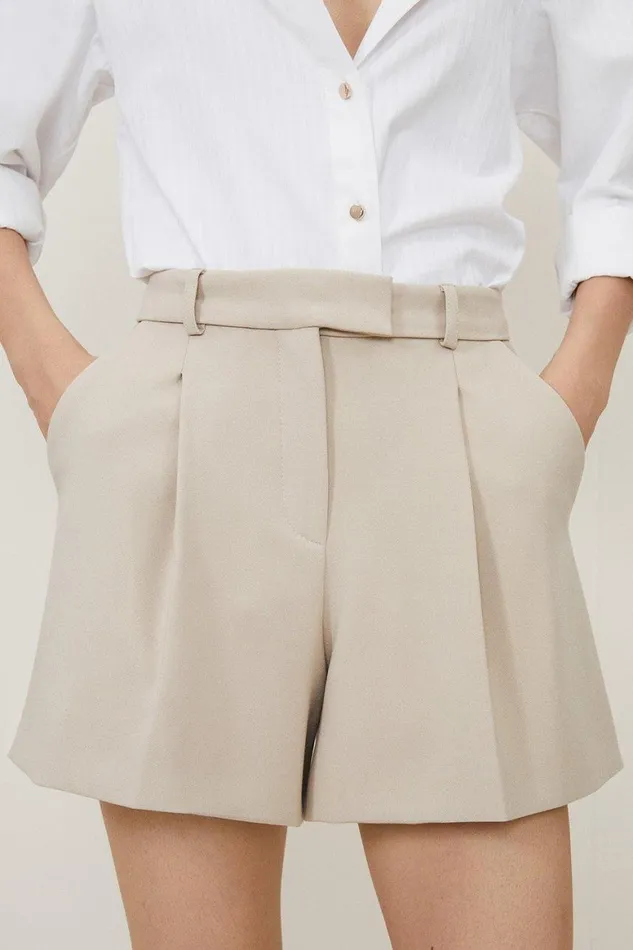 Shorts Women Karen Millen Compact Stretch Pleated Tailored Shorts Stone