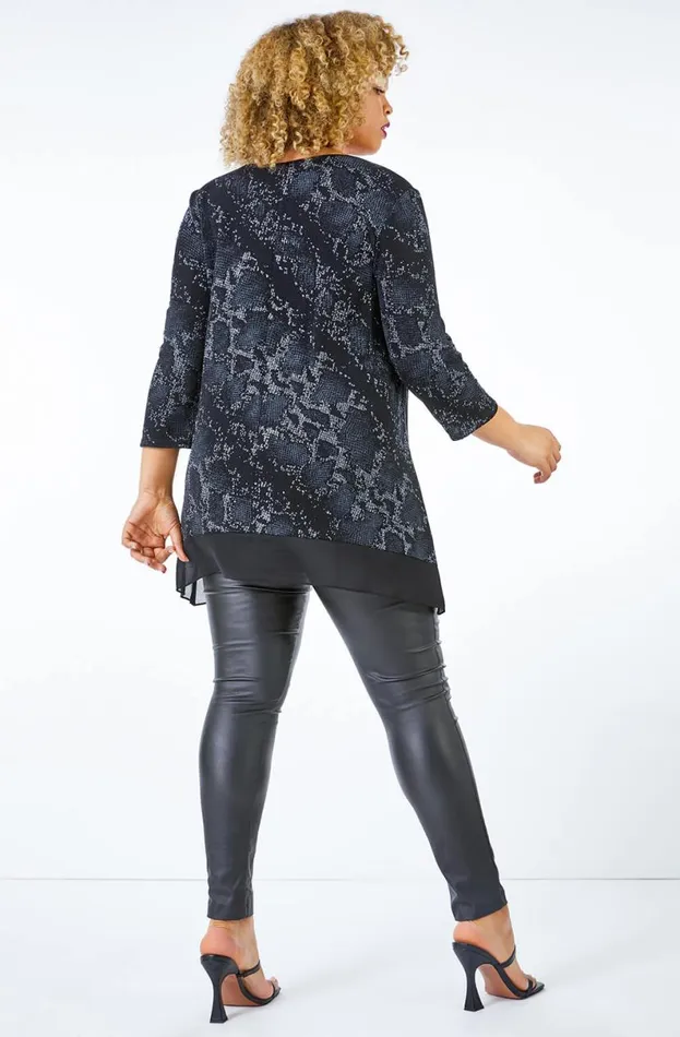 Silver Curve Animal Contrast Hem Top Women Roman Tops