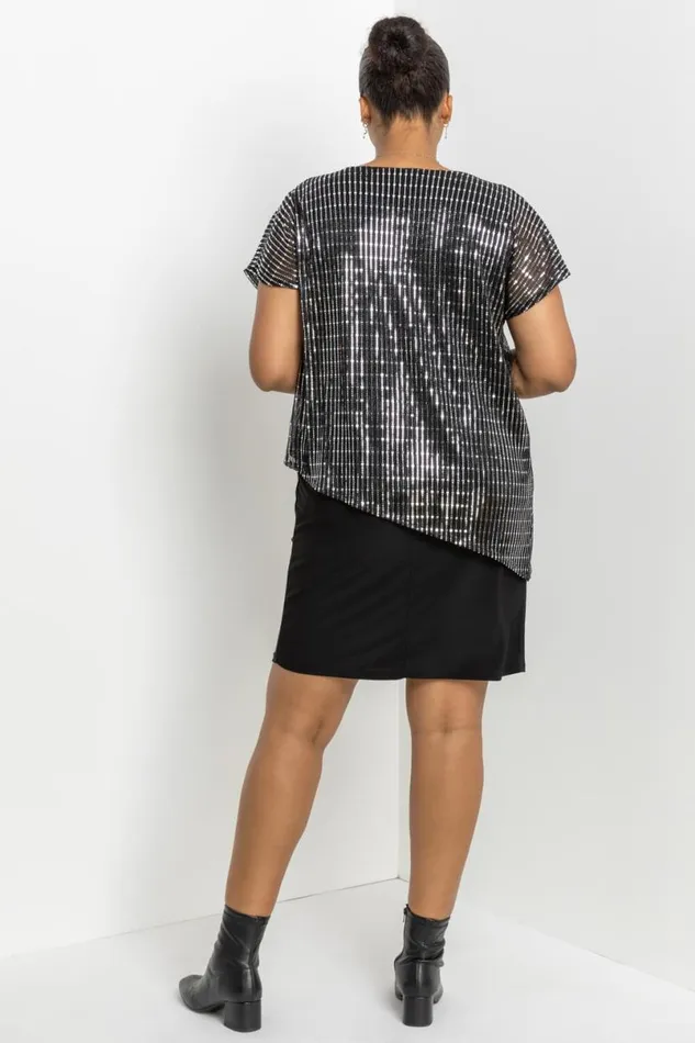 Silver Curve Asymmetric Shimmer Overlay Dress Women Roman Dresses