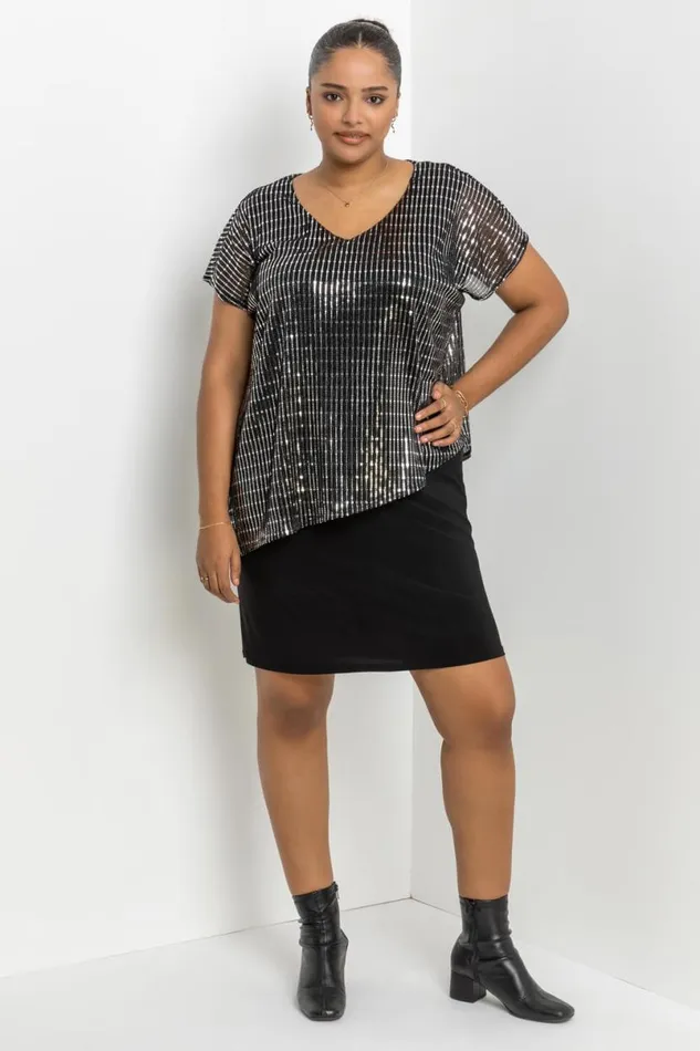 Silver Curve Asymmetric Shimmer Overlay Dress Women Roman Dresses