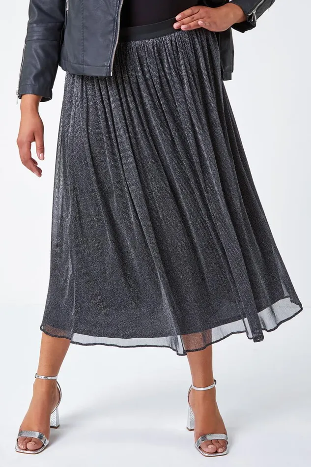 Silver Curve Glitter Mesh Stretch A Line Midi Skirt Women Roman Skirts