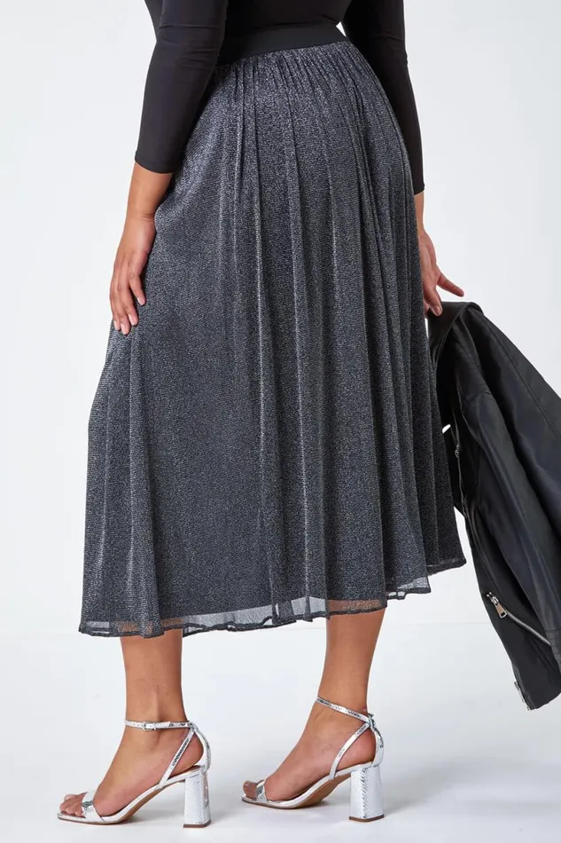 Silver Curve Glitter Mesh Stretch A Line Midi Skirt Women Roman Skirts
