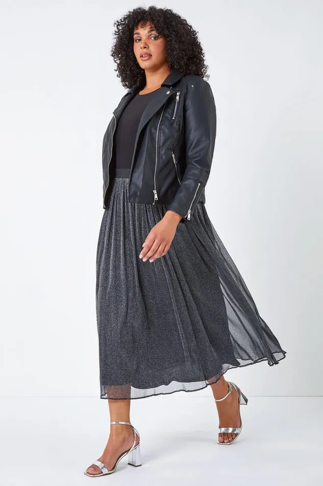 Silver Curve Glitter Mesh Stretch A Line Midi Skirt Women Roman Skirts